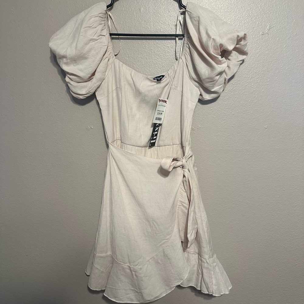 Cream Ruched Puff Sleeve Mini Dress